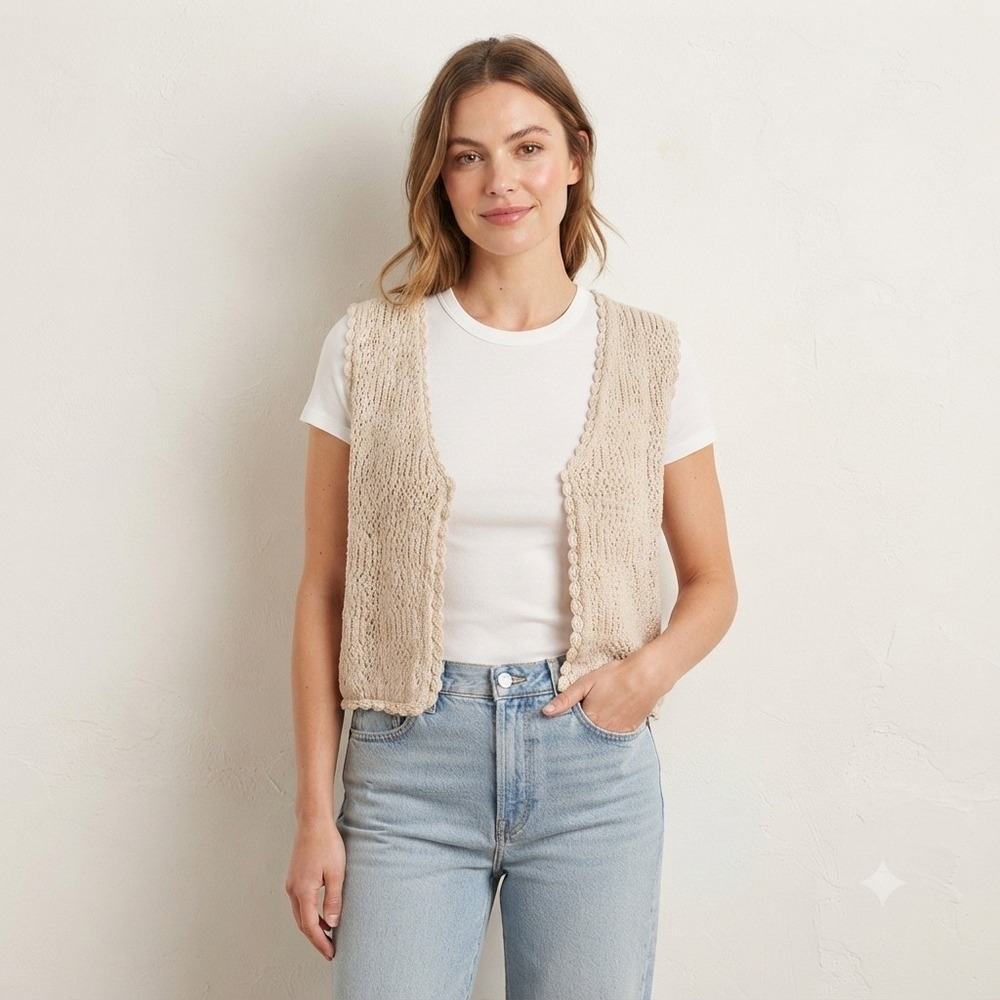 Olivaceous Women's Beige Crochet Knit Open Front Sleeveless Crop Vest Top Small